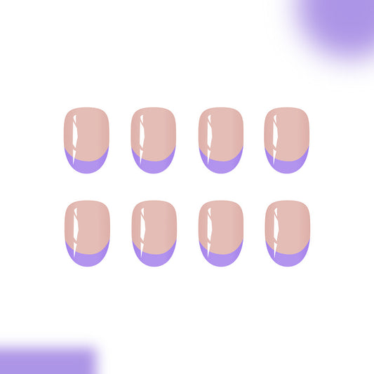 Whimsical Elegance Short Oval Beige with Purple French Tip Glossy Finish Press on Nail Set