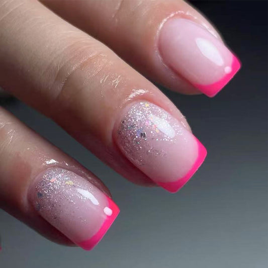 Glamorous Fairytale Short Square Pink Ombre Glitter Press On Nail Set