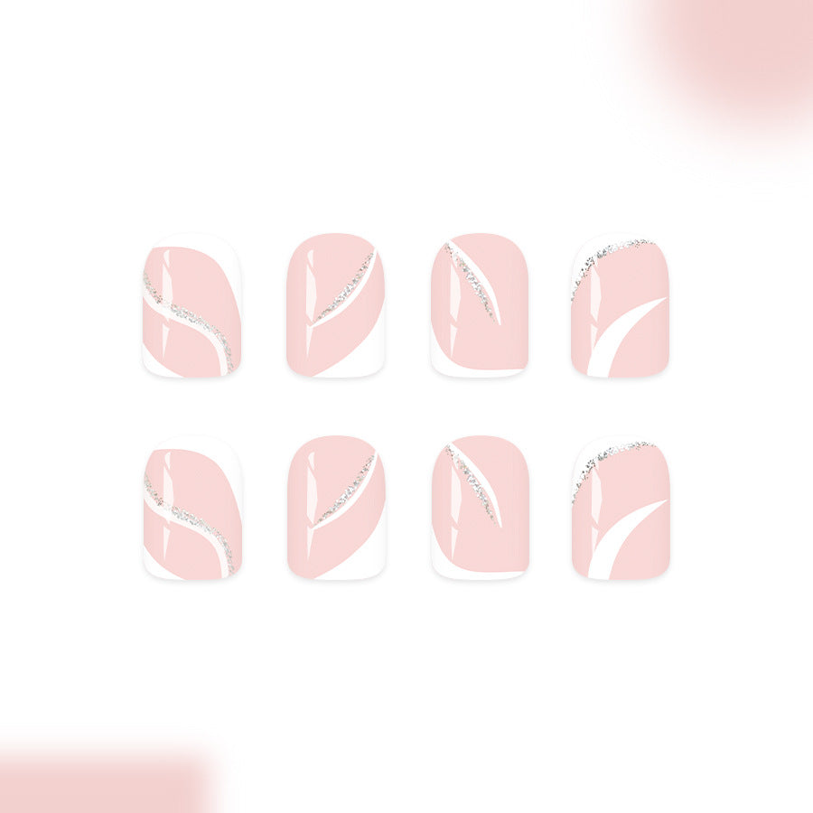 Blossom Elegance Curved Short Square Pink Nail Set with Sparkling Leaf Design