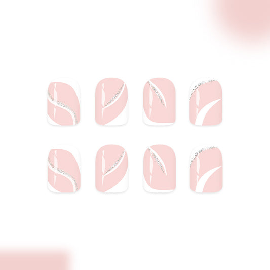 Blossom Elegance Curved Short Square Pink Nail Set with Sparkling Leaf Design