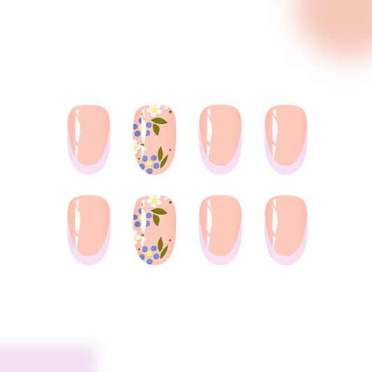 Whimsical Blossom Short Oval Beige Press On Nail Set with Floral Accents
