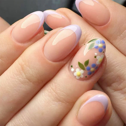 Whimsical Floral Elegance Short Oval Soft Pink with Lavender French Tips and Artful Botanical Accents Press On Nail Set