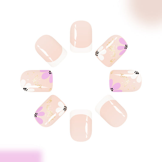 Floral Fantasy Short Square Blush Pink with Elegant Gold Accents Press-On Nail Set