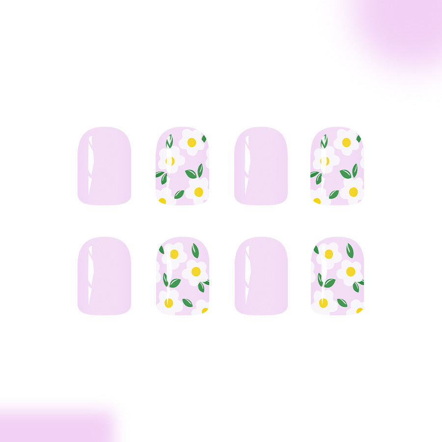 Whimsical Garden Floral Shine Press-On Nail Set Short Square Soft Lavender with Charming Flower Accents