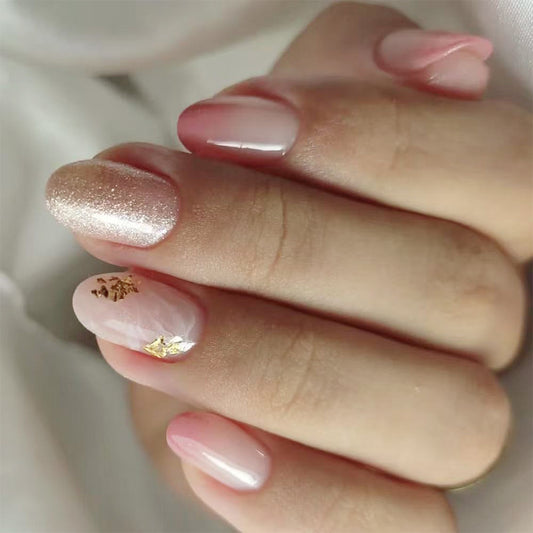 Nail Enchantment Elegant Medium Oval Pink with Glamorous Gold Highlights Press On Nail Set