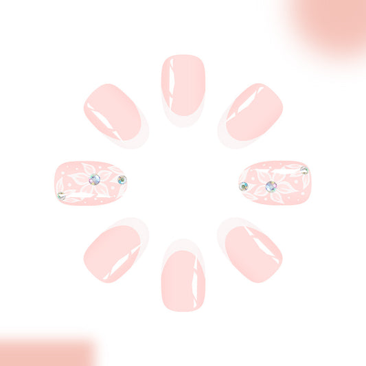 Elegant Blossoms Medium Oval Soft Pink with Floral Design and Gem Accents Press On Nail Set