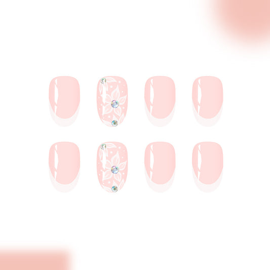 Blossom Elegance Medium Oval Shape Soft Pink Design with Floral Detail and Glittering Gemstone Press on Nail Set