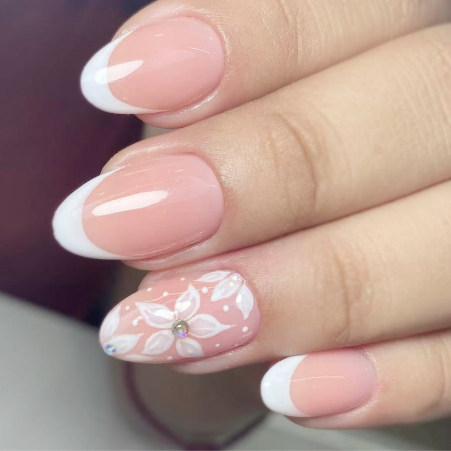 Botanical Bliss Medium Oval Pink with White Tips and Floral Accent Nail Set