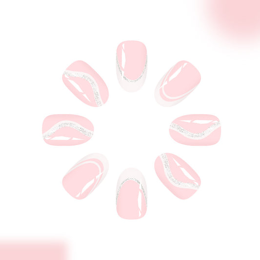 Blossom Fantasy Short Round Pink Press On Nail Set with Glitter Wave Design