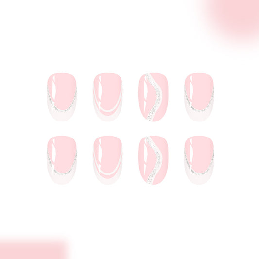 Whimsical Blossom Short Round Soft Pink with Glittery Accent Press On Nail Set