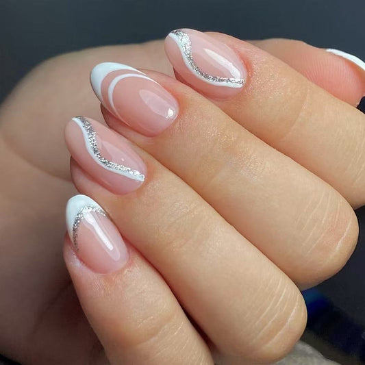 Elegance Unleashed Short Almond Shaped Pink and White Press On Nail Set with Glittered Curve Design