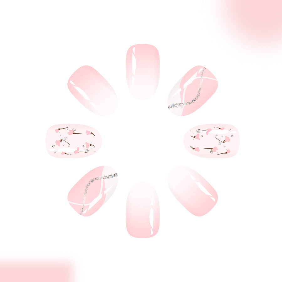 Blossom Garden Short  Oval Soft Pink Press On Nail Set with Floral Accent and Glitter Detail