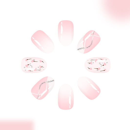 Blossom Garden Short  Oval Soft Pink Press On Nail Set with Floral Accent and Glitter Detail