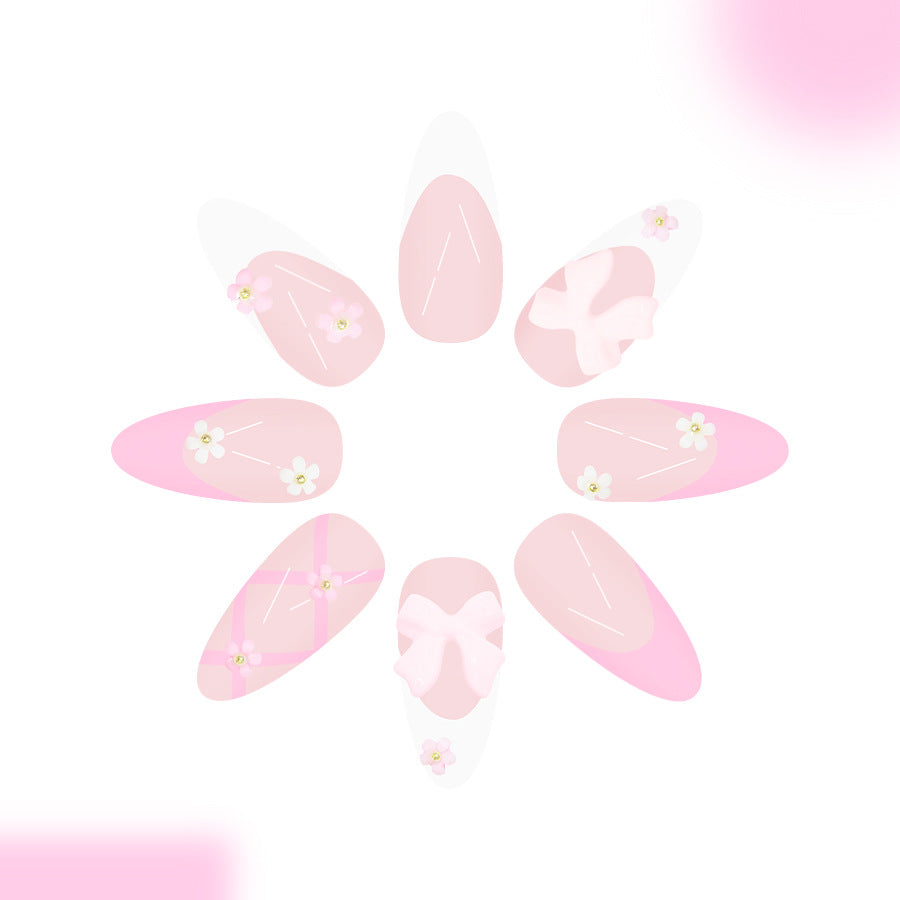 Blossom Beauty Long Almond Pink Floral Accent Press On Nail Set