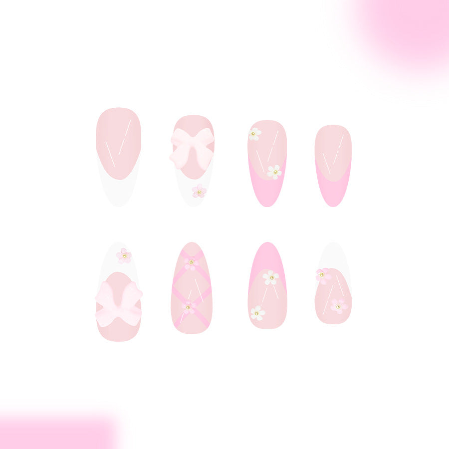 Blossom Dream Press On Nail Set Long Almond Pink with Floral Accents and Bow Design