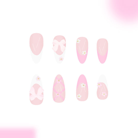 Blossom Dream Press On Nail Set Long Almond Pink with Floral Accents and Bow Design