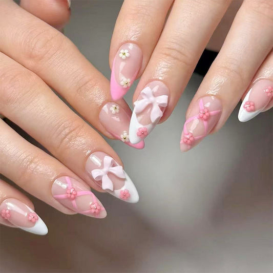 Blossom Dreams Long Almond Pink and White Floral Press-On Nail Set with Charming Bow Accents
