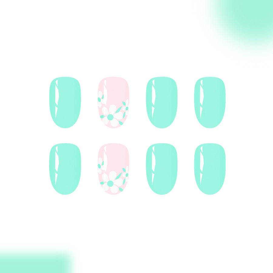 Garden Party Mint Short Almond Press On Nail Set with Floral Accents