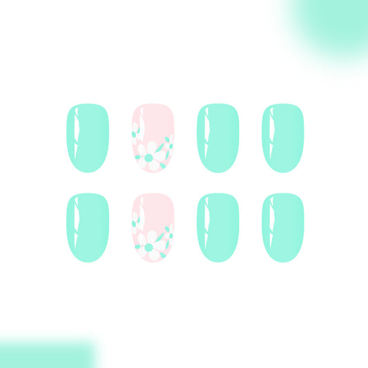 Garden Party Mint Short Almond Press On Nail Set with Floral Accents