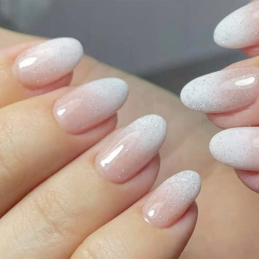 Serene Elegance Short Oval Shaped White Ombre Press On Nail Set with Sparkling Glitter Finish