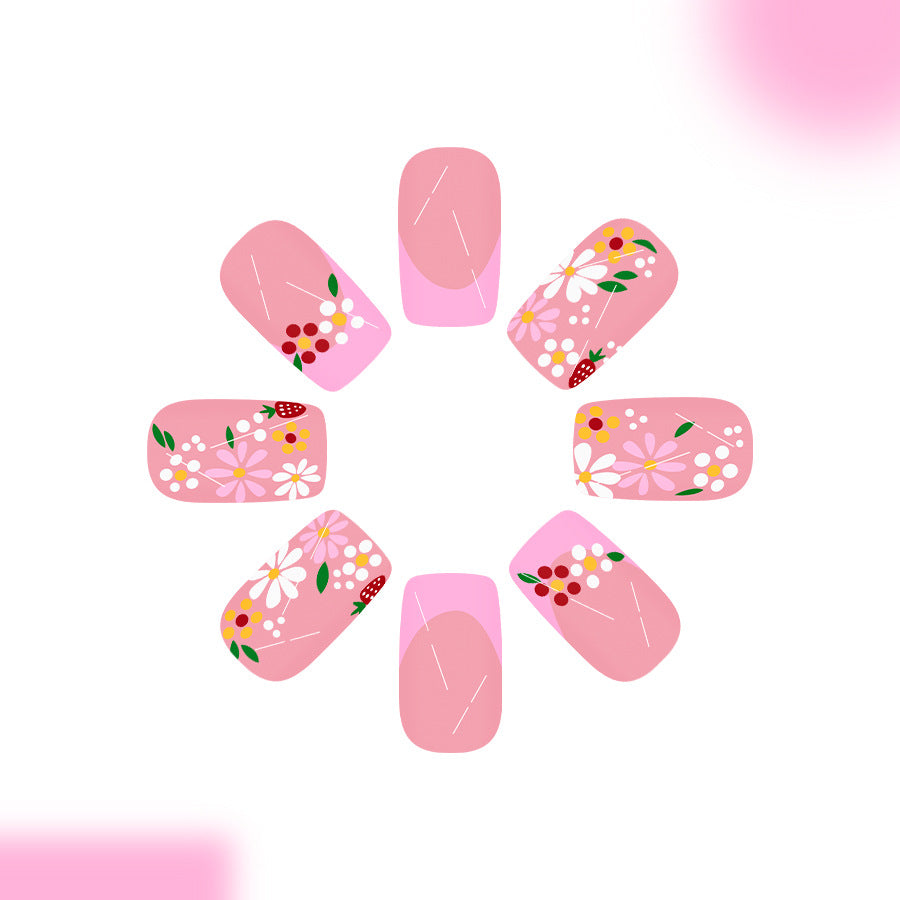 Blooming Garden Short Square Pink Floral Press On Nail Set with Whimsical Designs
