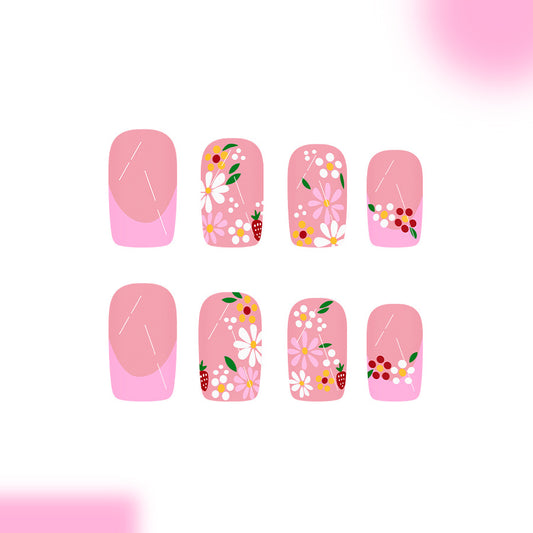 Floral Delight Short Square Pink Press On Nail Set with Vibrant Garden-Inspired Artwork
