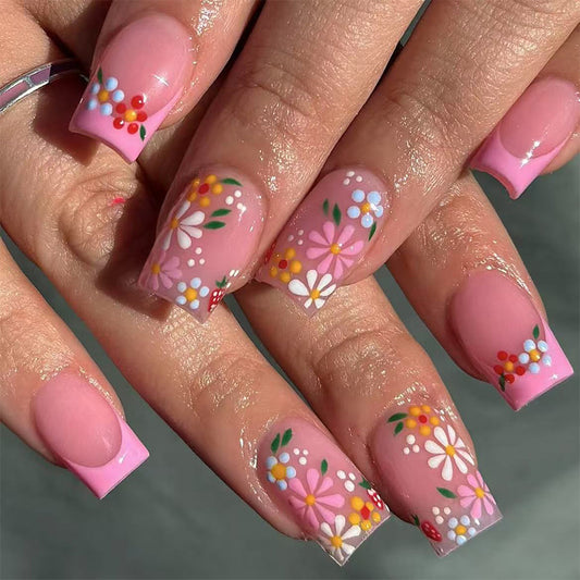 Whimsical Garden Short Square Pink Floral Press On Nail Set with Vibrant Flower Accents