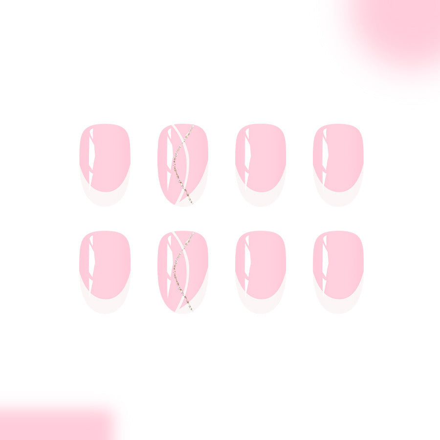 Whimsical Elegance Medium Almond Blush Pink Press On Nails with Unique Gold Accent Design