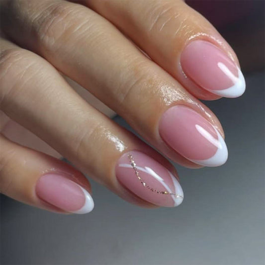 Elegance Unleashed Medium Almond Shaped Soft Pink with White French Tips and Sparkling Accent Nail Press On Nail Set