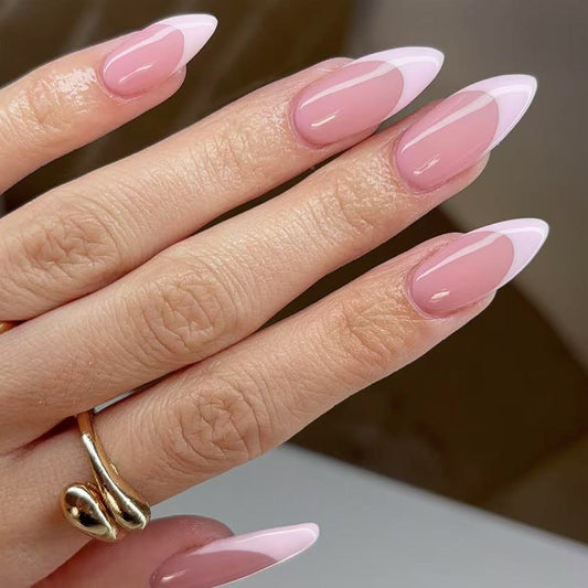 Whimsical Elegance Long Almond Pink Press On Nail Set with Glossy French Tip Design