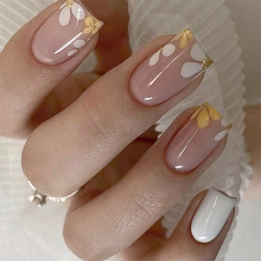 Bohemian Elegance Medium Square Pink and White Floral Press On Nail Set with Gold Accents