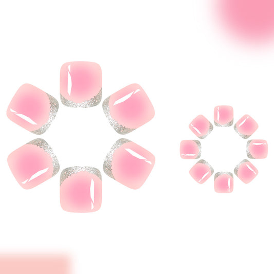 Charming Blossom Elegant Short Square Pink Glossy Toenails with Glitter Tips