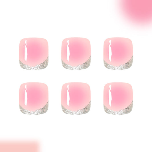 Glamorous Garden Short Square Pink Ombre Press-On Toenail Set with Sparkling Glitter Tips