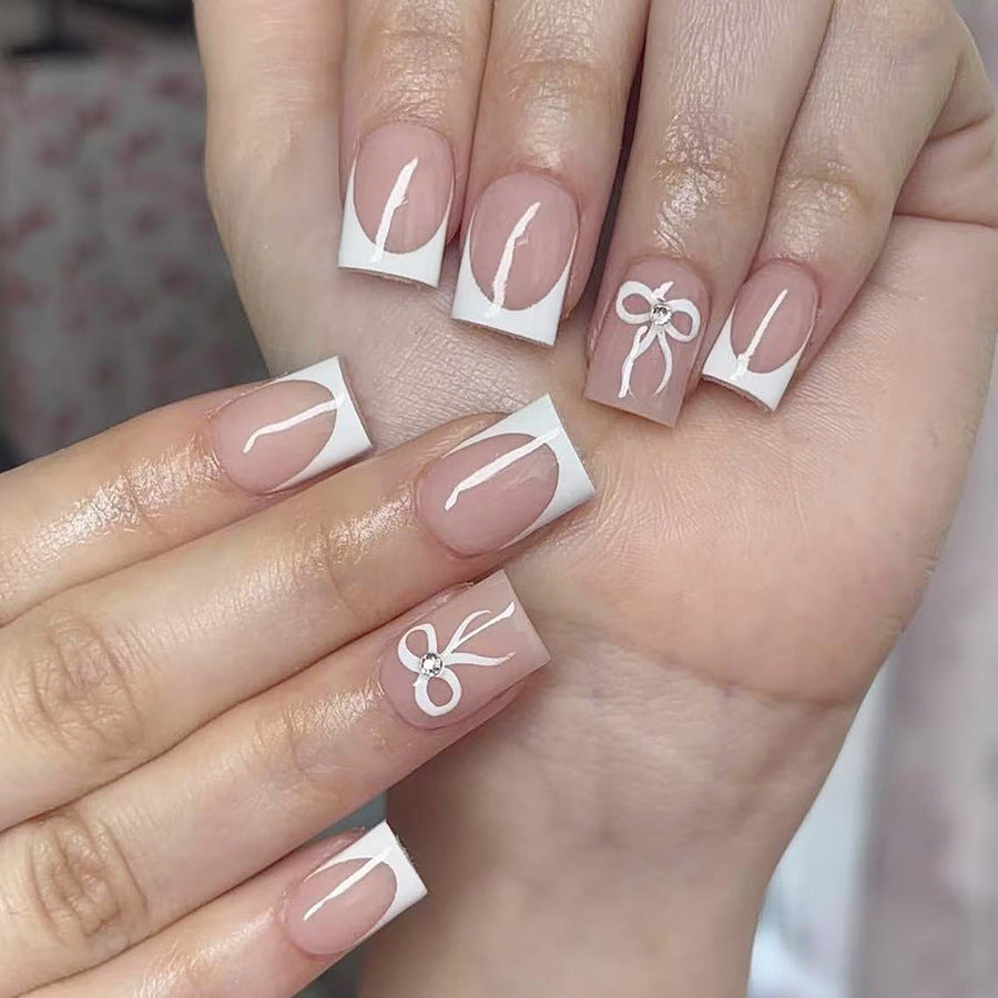 Chic Elegance Medium Square Beige and White with Delicate Bow Detail Press On Nail Set