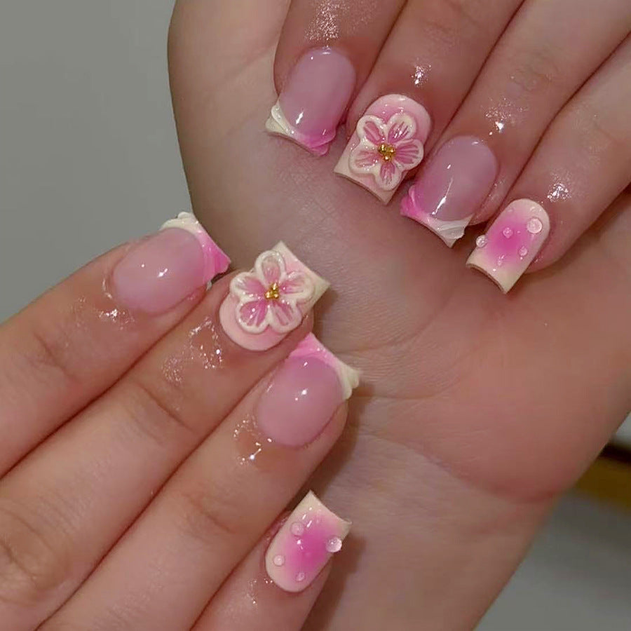 Blossom Garden Medium Square Pink Nail Set with Charming Floral Embellishments