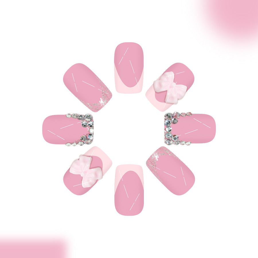 Whimsical Pink Dream Press On Nail Set Medium Square Shaped Chic Bows and Sparkling Accents