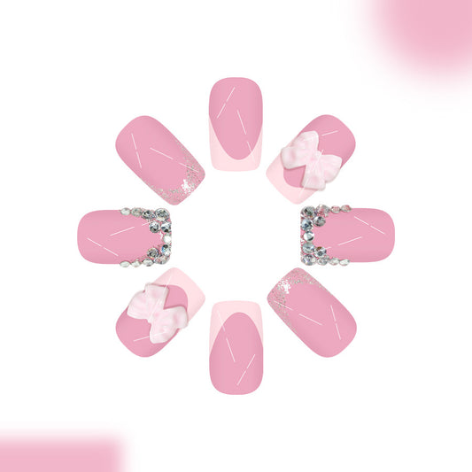 Whimsical Pink Dream Press On Nail Set Medium Square Shaped Chic Bows and Sparkling Accents