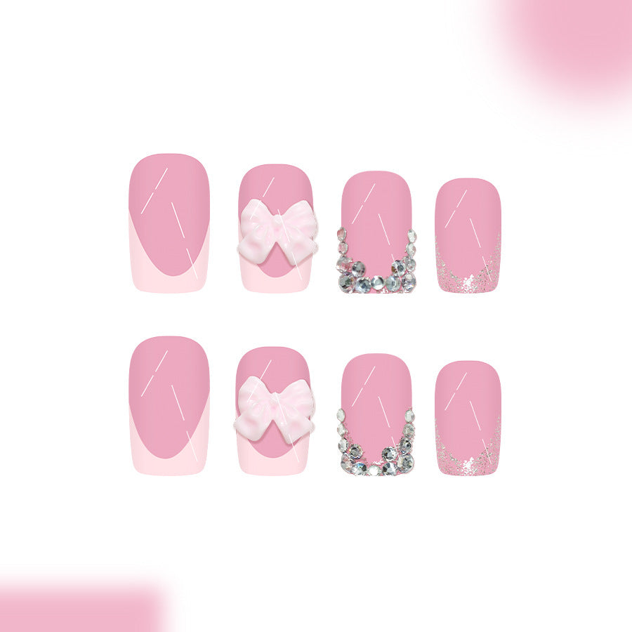 Whimsical Beauty Medium Square Pink Press On Nail Set with Adorable Bow and Sparkling Rhinestones