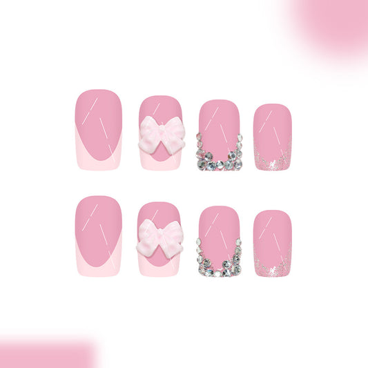 Whimsical Beauty Medium Square Pink Press On Nail Set with Adorable Bow and Sparkling Rhinestones
