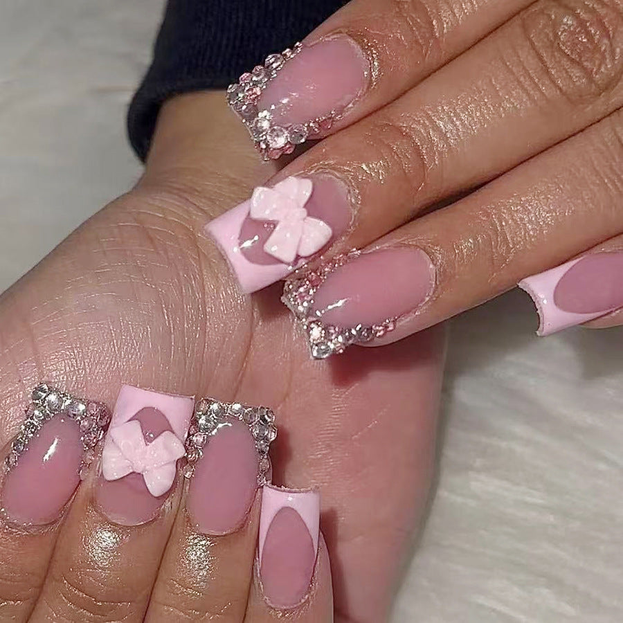 Charming Blossom Pink Medium Square Press On Nail Set with Floral Accents and Glittering Rhinestones