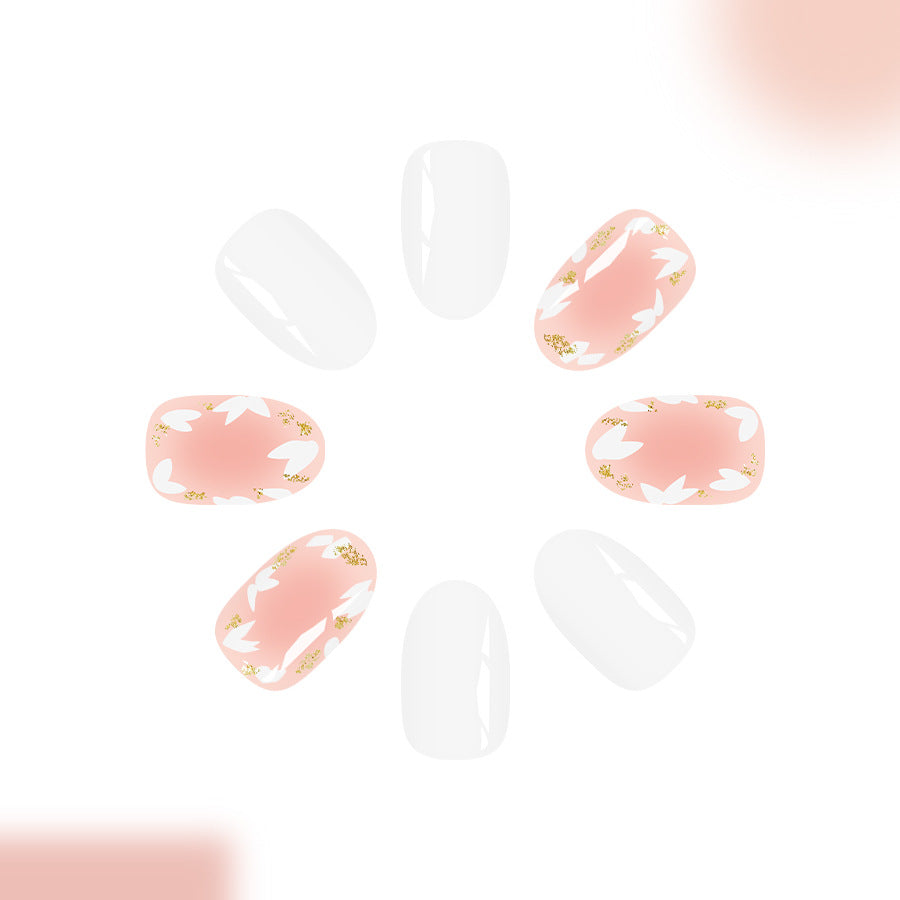 Garden Bloom Elegant Short Oval White and Blush Floral Press On Nail Set