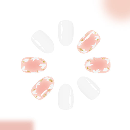 Garden Bloom Elegant Short Oval White and Blush Floral Press On Nail Set