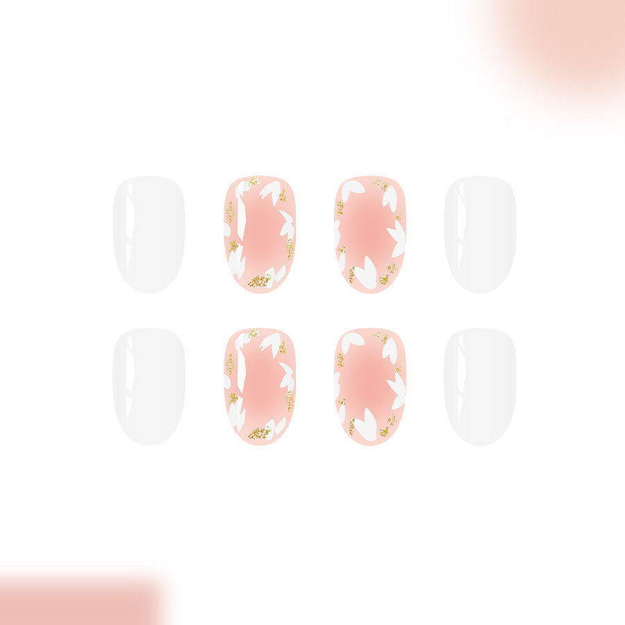 Blossom Elegance Short Oval Pink and White Floral Press On Nail Set with Glitter Accents
