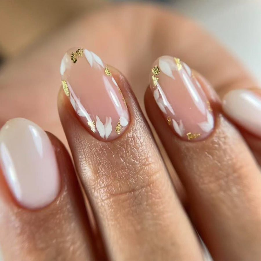 Botanical Bliss Short Oval Pink Press-On Nail Set with Delicate Floral and Gold Accents