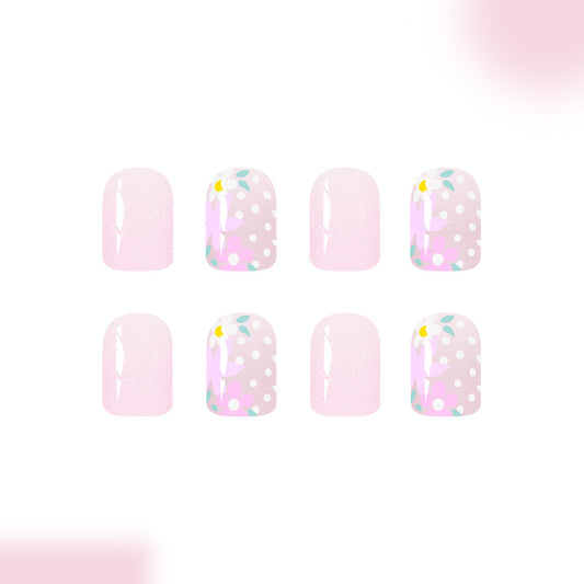Whimsical Blossom Short Square Pink Press-On Nail Set with Floral Accents and Glitter Detail