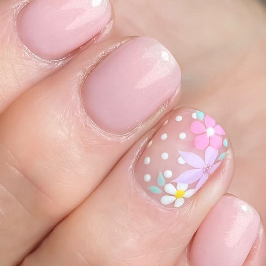 Whimsical Blooms Press On Nail Set in Short Squoval Blush Pink with Floral Design