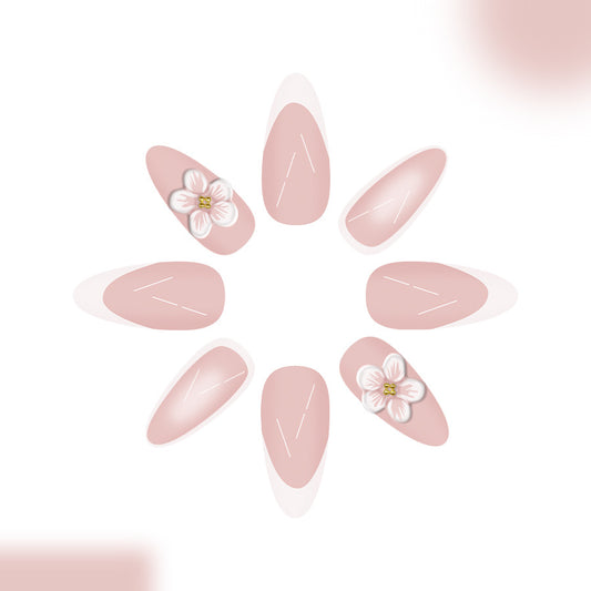 Blossom Bliss Long Almond Press On Nail Set in Soft Pink with Floral Accent