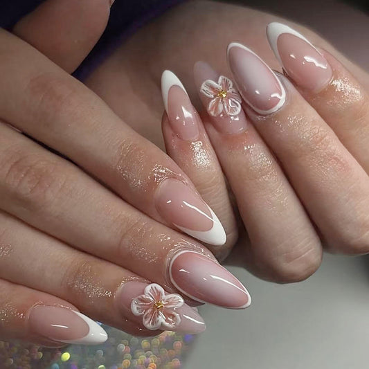 Blooming Elegance Long Almond Shaped Pink and White Press On Nail Set with Floral Design