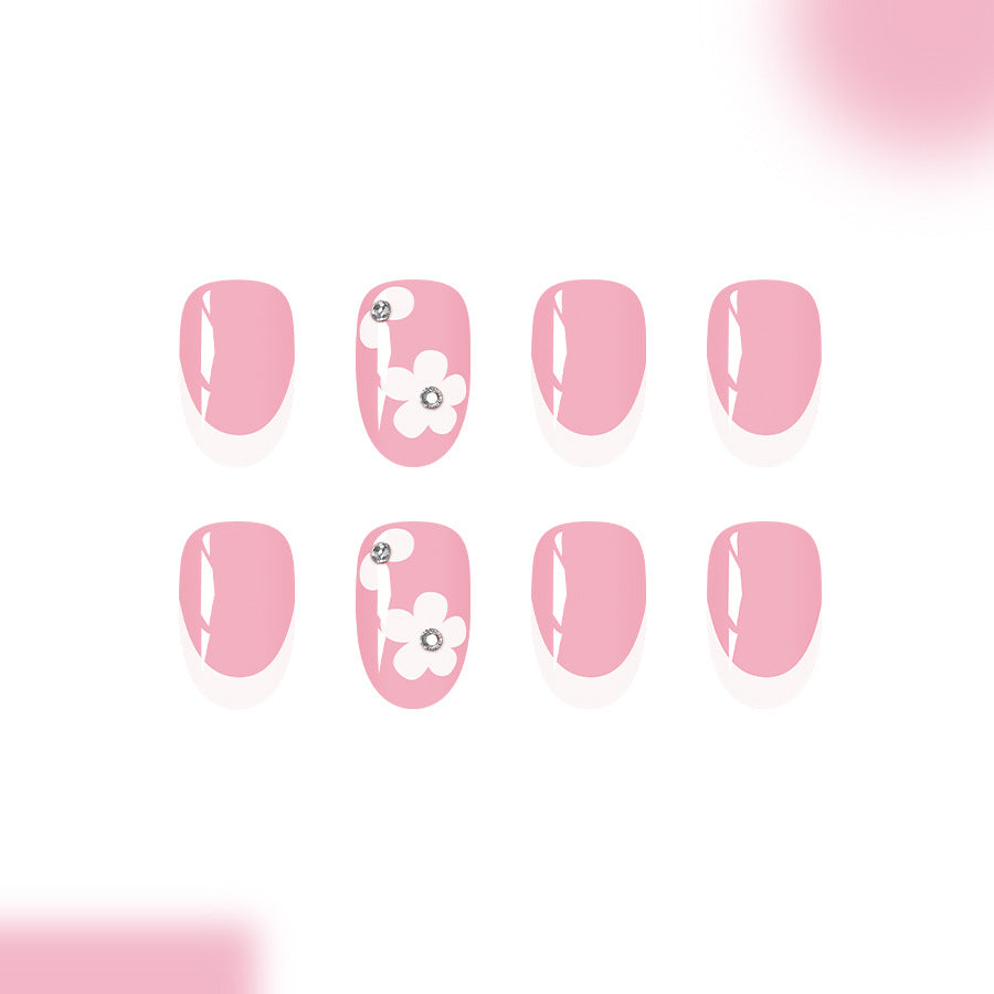 Blossom Aesthetic Medium Oval Pink Nail Set with Floral Accent and Gemstone Detail