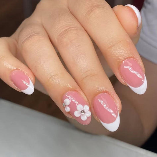 Blossom Beauty Medium Almond Pink Press-On Nail Set with White Floral Accents